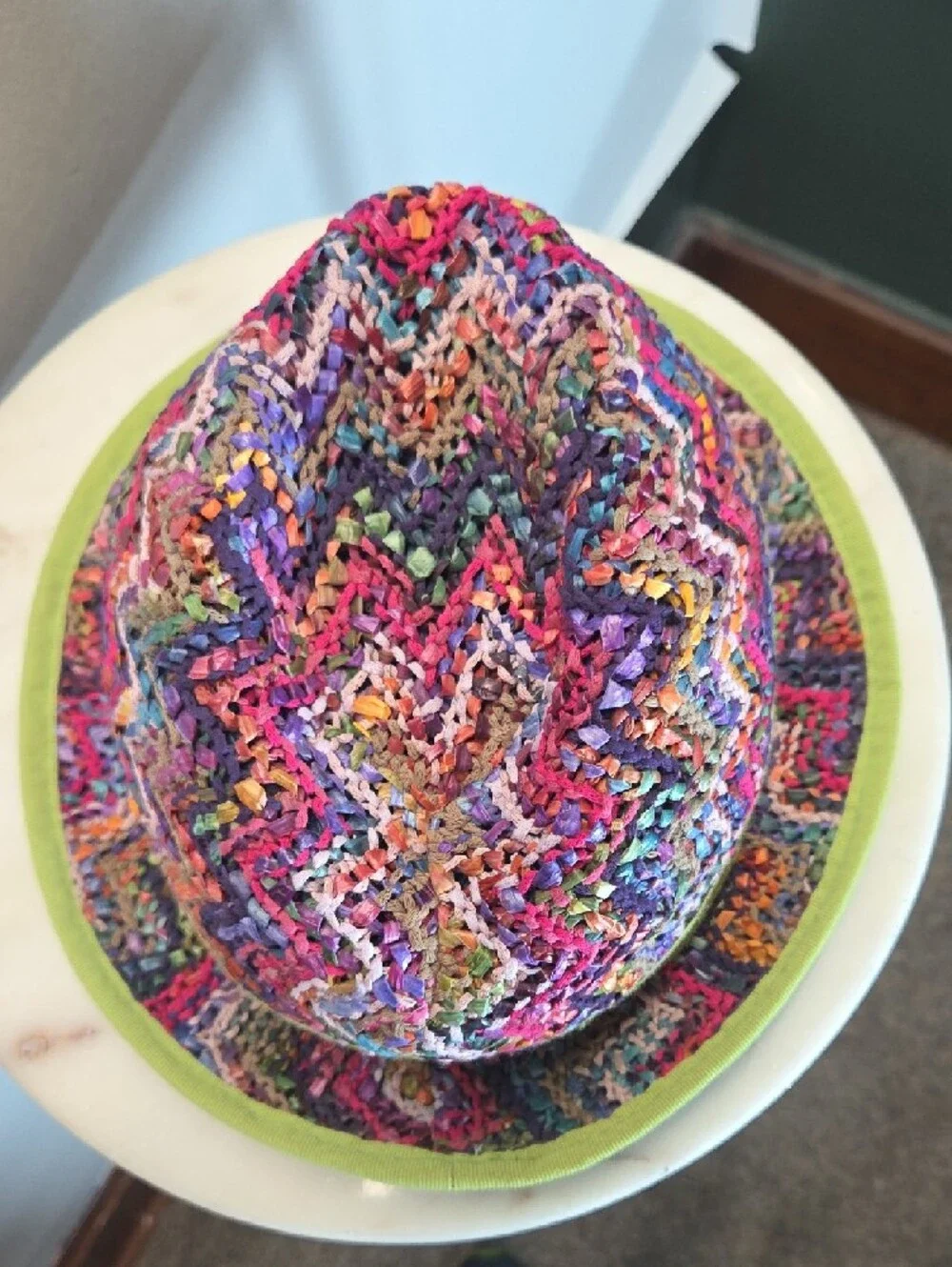 Danielle Meucci Multicolor Crochet Fedora Hat with Lime Trim
